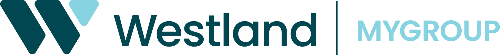 Dark green and light blue single line horizontal logo of Westland My Group.