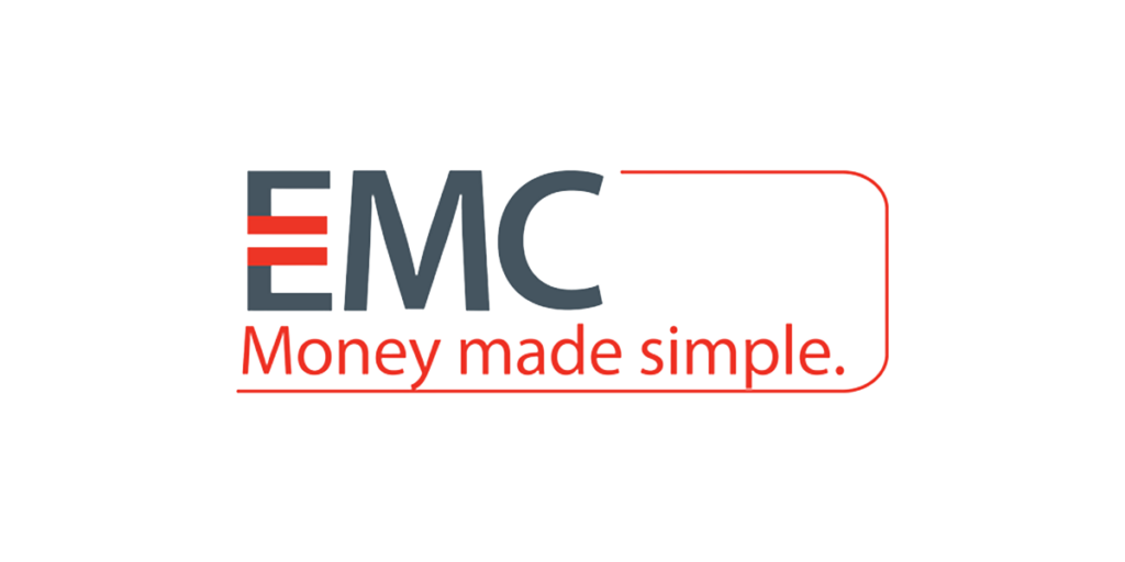 A grey and orange logo of EMC Mortgages Canada Inc Money Made Simple logo featuring the program name and graphic mark.