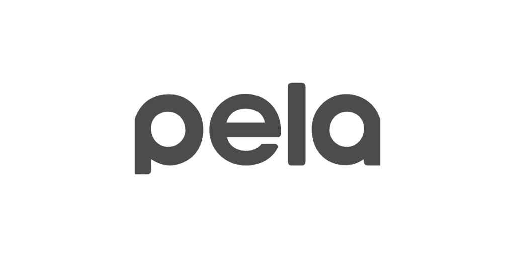 A logo of pela in grey, bolded, lowercase letters.