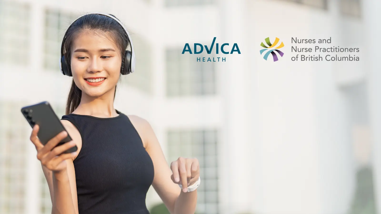 Promotional image for the Advica x NNPBC Mental Health on Demand Contest featuring a woman wearing headphones and looking at a smartphone.