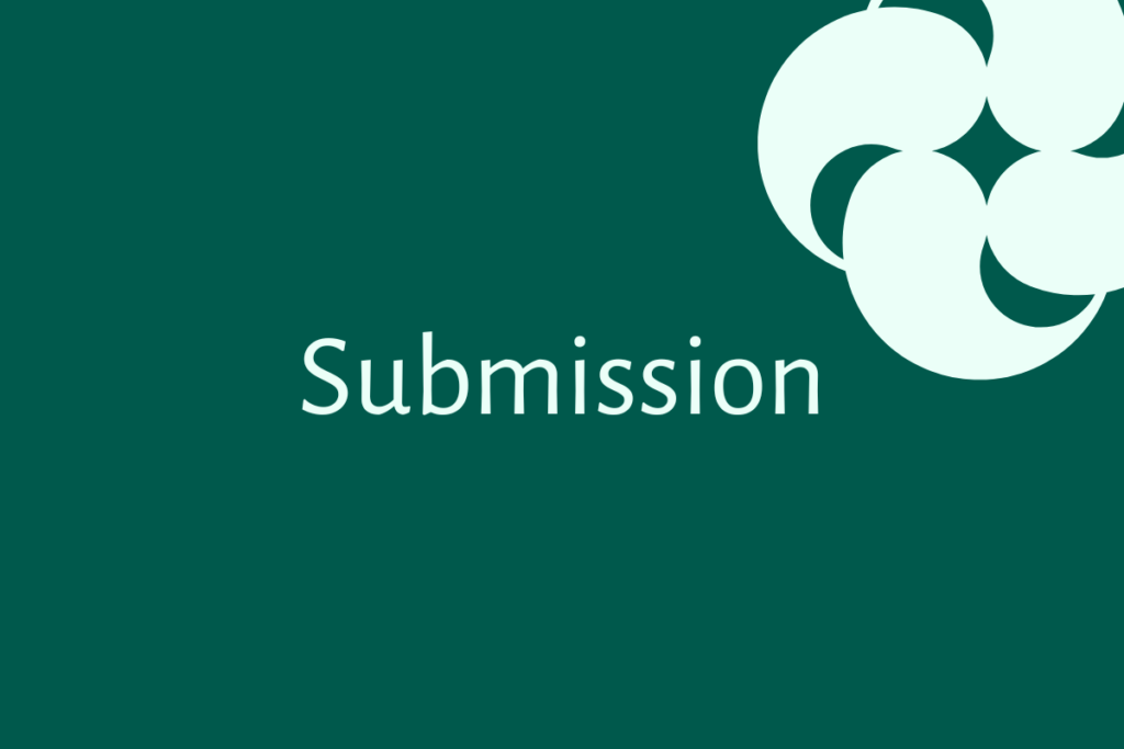 "Submission" text alongside the NNPBC brandmark in mint against an emerald green background.