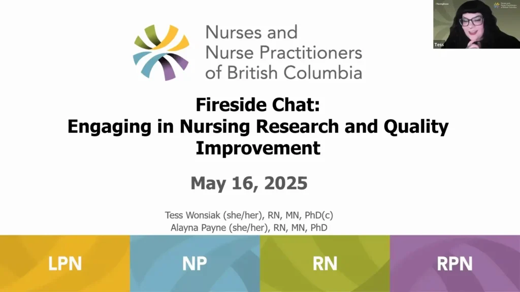 Screenshot of an NNPBC webinar presentation titled "Fireside Chat: Engaging in Nursing Research and Quality Improvement," featuring presenters Tess Wonsiak pictured on screen, and Alayna Payne.