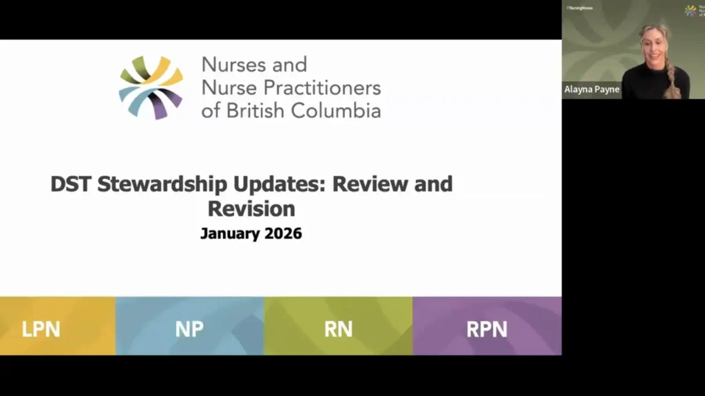 Screenshot of an NNPBC Zoom webinar slide titled "DST Stewardship Updates: Review and Revision," featuring presenter Alayna Payne, and the NNPBC logo.
