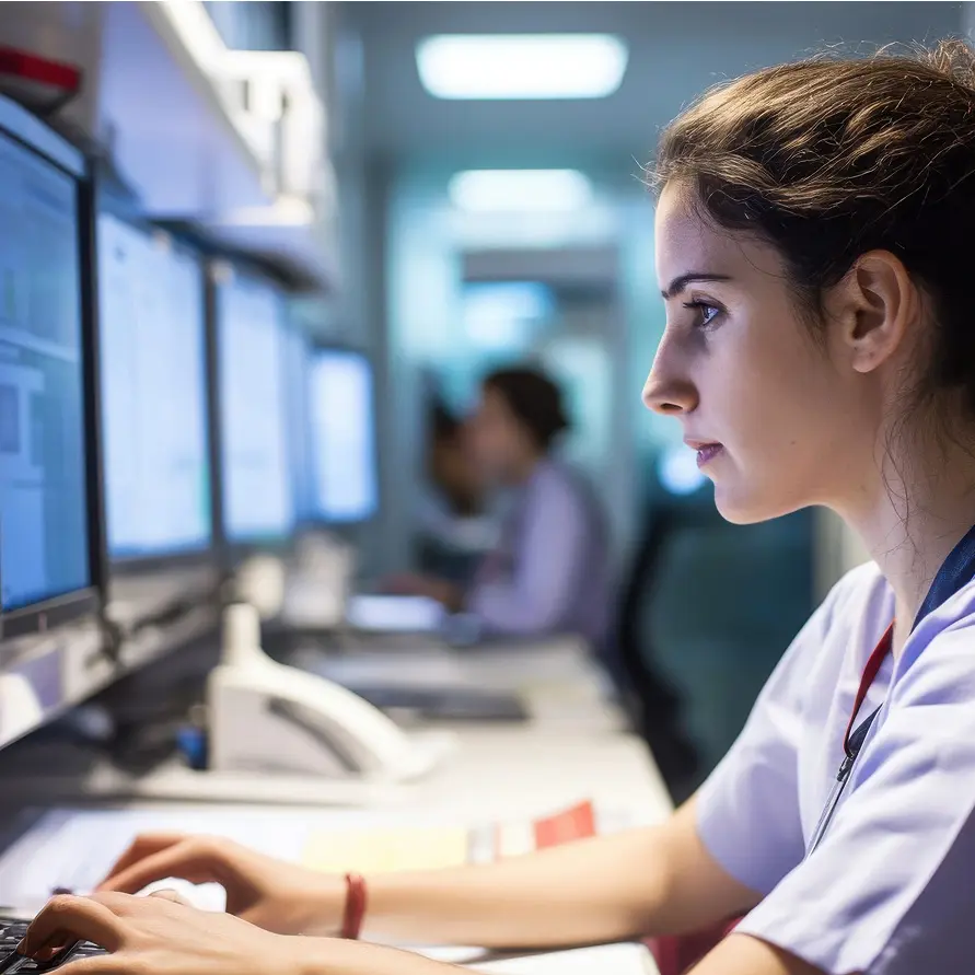 A health care professional working at a computer, looking at the screen while typing.