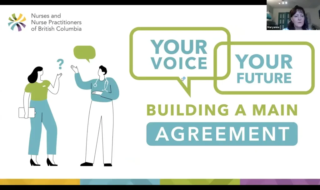 Screenshot of Zoom webinar for NNPBC's "Your Voice, Your Future: Building a Main Agreement" campaign, featuring speaker Maryanne, the NNPBC logo, and campaign graphics.