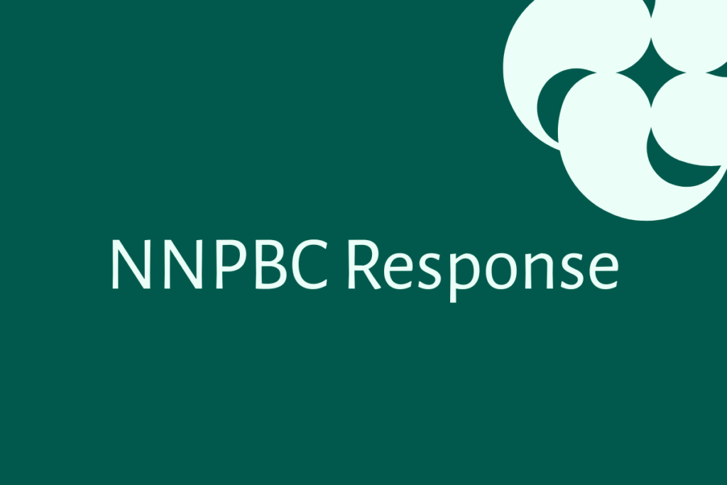 "NNPBC Response" text alongside the NNPBC brandmark in mint green against an emerald green background.